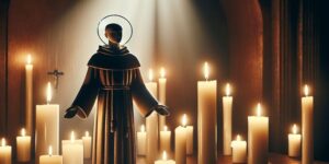 Imagen de un altar con velas encendidas y una figura de un santo