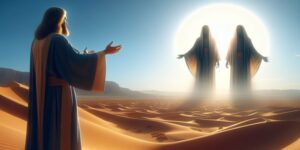 Representación artística de Abraham recibiendo a tres misteriosos visitantes en el desierto.