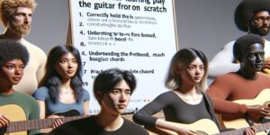 Imagen de un principiante sosteniendo una guitarra y siguiendo los 7 pasos esenciales para aprender a tocar este instrumento desde cero.