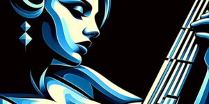 Retrato en azul de una mujer con una guitarra