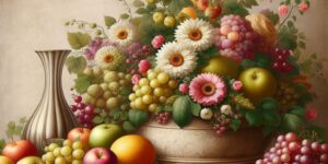 bodegon de frutas y flores