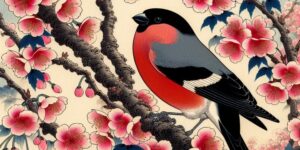 bullfinch and weeping cherry blossoms