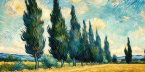 campo de trigo con cipreses