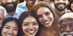 Imagen de un grupo de personas de diferentes etnias sonriendo y abrazándose