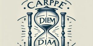 Imagen de un reloj de arena con la frase 'Carpe diem quam minimum credula' escrita en letras elegantes sobre un fondo neutro.