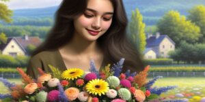 chica joven con una cesta de flores