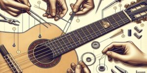 'Ilustración paso a paso para cambiar las cuerdas de una guitarra clásica en 7 sencillos pasos'.