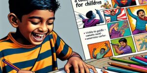 Imagen ilustrativa de un niño contento dibujando un cómic con colores brillantes y letras divertidas