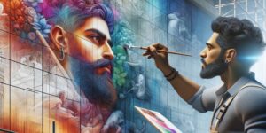 Muralista creando una colorida obra de arte en una pared exterior siguiendo una guía detallada paso a paso.