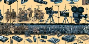 Una línea temporal ilustrada que muestra la evolución del cine desde sus inicios hasta la actualidad