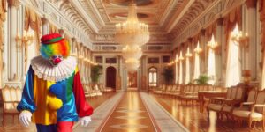 Un payaso con vestimenta colorida y alegre caminando por los opulentos salones de un lujoso palacio