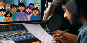 'Imagen de un micrófono frente a una pantalla de doblaje con un actor de voz. Representación visual de la industria del doblaje y sus salarios'.