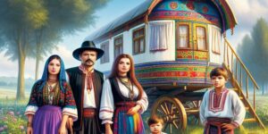 Imagen de una familia gitana tradicional frente a una caravana colorida en un campo