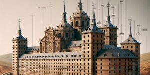 'Imagen representativa de la obra del Escorial con la duración de su construcción en números históricos'.