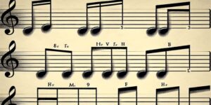 'Ilustración de un pentagrama con diferentes notas musicales y sus valores escritos.'