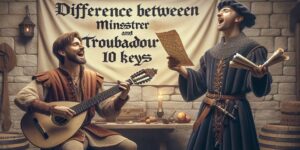 Imagen de un juglar tocando un instrumento medieval y un trovador recitando poesía