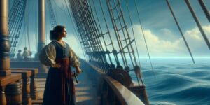 Imagen ilustrativa de un barco antiguo con un capitán en la cubierta