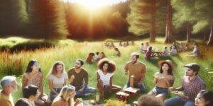 Imagen de un grupo de personas disfrutando de un almuerzo campestre en un prado soleado