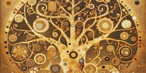Representación artística de un árbol con ramas entrelazadas y decoración dorada
