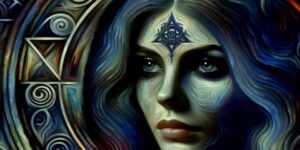 'Ilustración de una mujer misteriosa y seductora en estilo simbolista