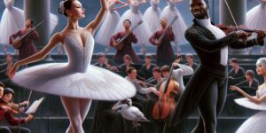 Representación de ballet con bailarines acompañados de músicos en escena
