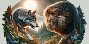 Imagen ilustrativa de un lobo y un león en la naturaleza