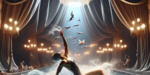 Imagen de un nado en aguas abiertas con escenografía teatral.