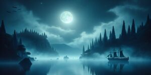 Imagen que representa un paisaje misterioso con una laguna envuelta en niebla