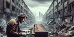 Imagen de un hombre tocando el piano en medio de un gueto