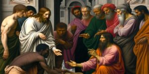 Representación de la escena del tributo de la moneda en el arte de Masaccio