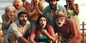 Imagen ilustrativa de un grupo de personas sorprendidas al ver a una burra pariendo