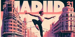 Cartel con diseño moderno anunciando la programación de espectáculos de danza en Madrid