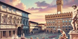 Foto de la Plaza de la Señoría en Florencia con vista a las estatuas de Miguel Ángel y el Palazzo Vecchio.