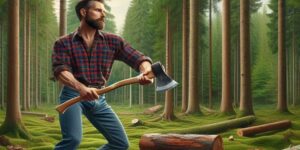 Un leñador cortando un árbol caído en el bosque.