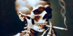 head of skeleton with a burning cigarette