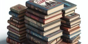 Una imagen de portada de libros apilados de diferentes tamaños y colores