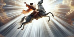 Saulo de Tarso cae del caballo rodeado de una luz cegadora mientras experimenta une revelación divina