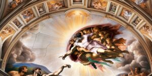 Detalle de la famosa pintura 'La creación de Adán' de Michelangelo Buonarroti mostrando la icónica escena de la creación del hombre por Dios en la Capilla Sixtina.