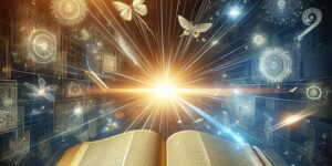 Ilustración de una enciclopedia abierta con rayos de luz brillando sobre las páginas