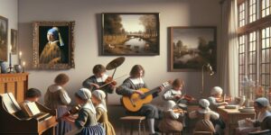 Imagen de un cuadro de Vermeer que representa una escena de lección de música