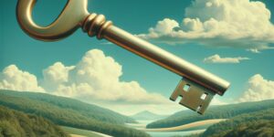 'Pintura surrealista de René Magritte que representa una llave gigante en un paisaje natural.'