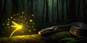 Imagen ilustrativa de una luciérnaga y una serpiente en un bosque