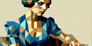 Mujer sentada con vestido azul pintada por Pablo Picasso.