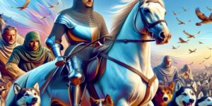 Dibujo de un caballero montado en un caballo con su escudero al lado