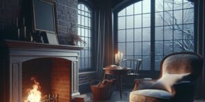 Imagen de un acogedor salón con una chimenea encendida y una silla vacía