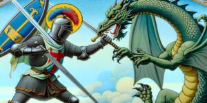 Imagen de un dragón y un caballero luchando