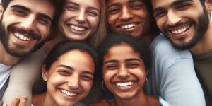 Imagen de un grupo de amigos sonriendo y abrazándose