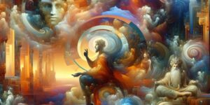 Imagen destacada para el artículo Los dioses y Dios el brujo en la obra de Rafael Álvarez: representación artística de deidades diversa veces se sobreponen en un paisaje surrealista