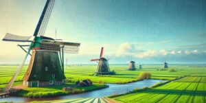 Imagen de hermosos molinos de viento en campos verdes de Holanda