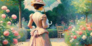 Mujer elegante con sombrilla en un exuberante jardín - Descubre la obra icónica de Renoir